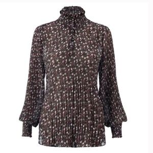 Cabi #3952 Knife Pleat High Neck Blouse Dark Floral